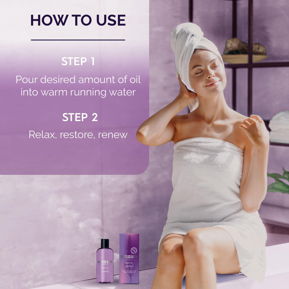 Bootleg Bath lavender bath oil ingredients and back label view