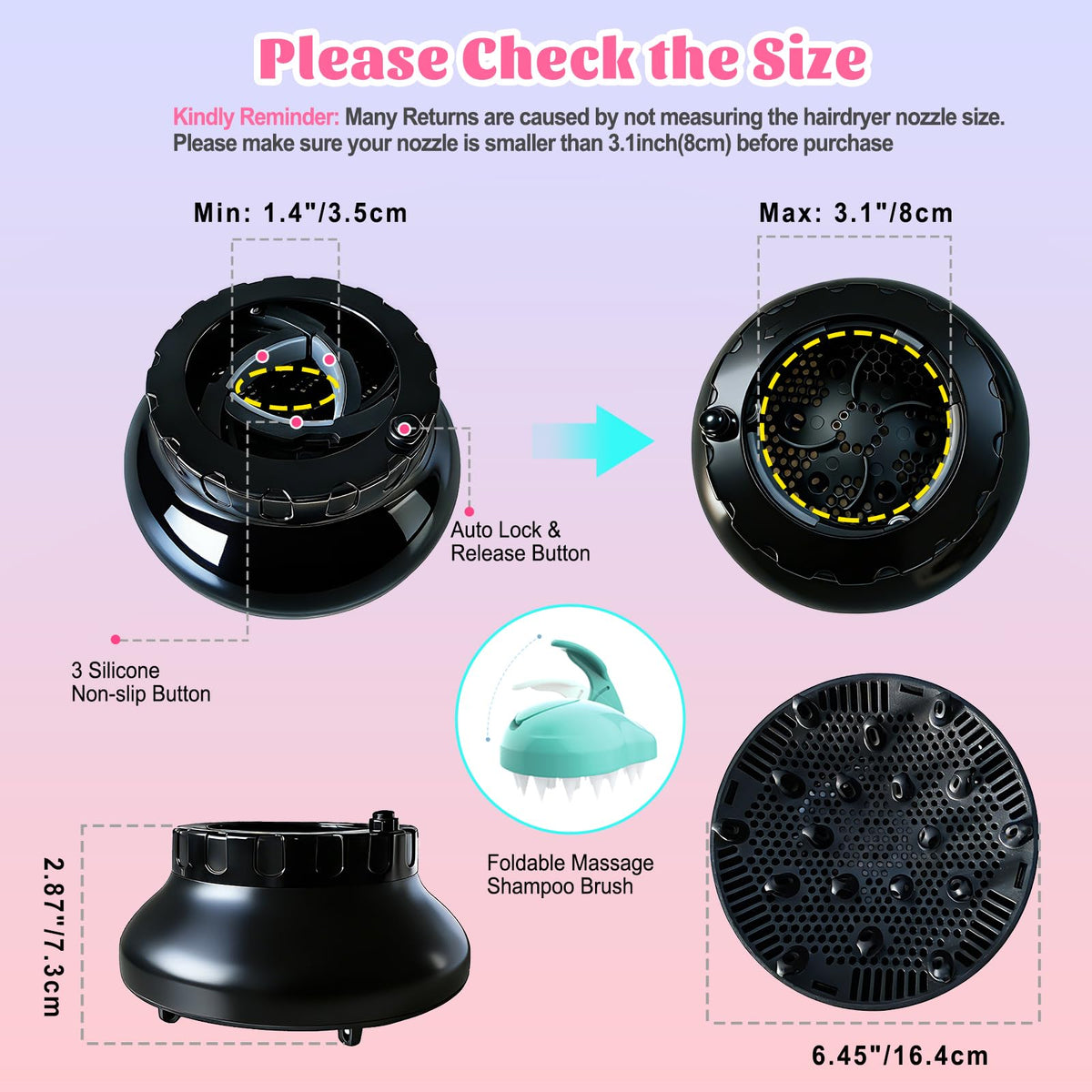 Universal hair dryer diffuser showing secure grip padding inside the attachment base