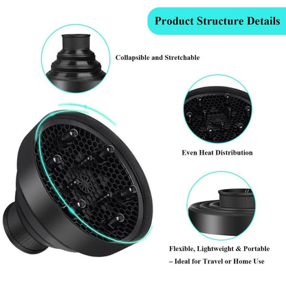 Black lightweight anti frizz hair dryer diffuser hood product dimensions chart