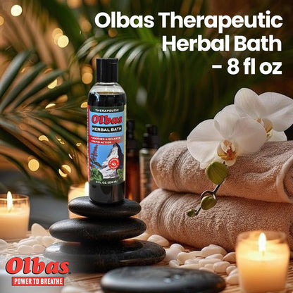 Back label view of Olbas natural muscle relaxer bath showing ingredients like peppermint and eucalyptus oils.