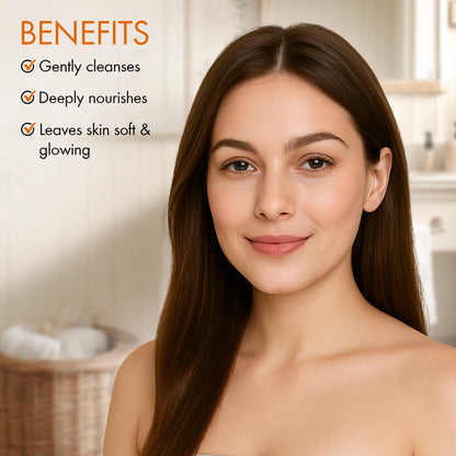 Gentle lathering mango nectar shower oil back label instructions.
