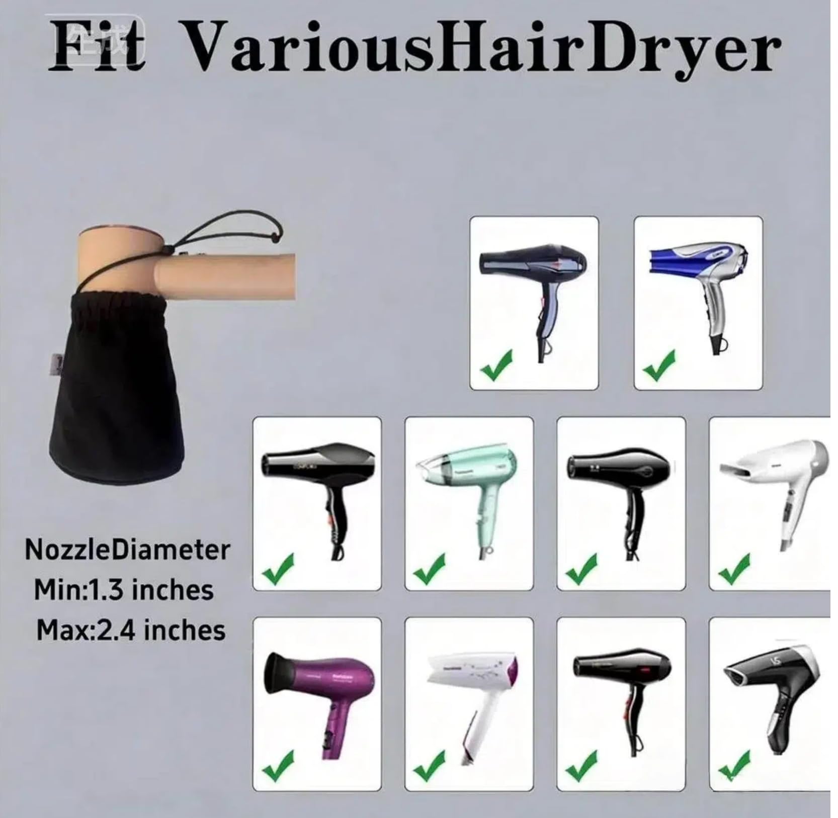 Liuweihui heat resistant fabric hair diffuser attached to a standard black salon blow dryer nozzle