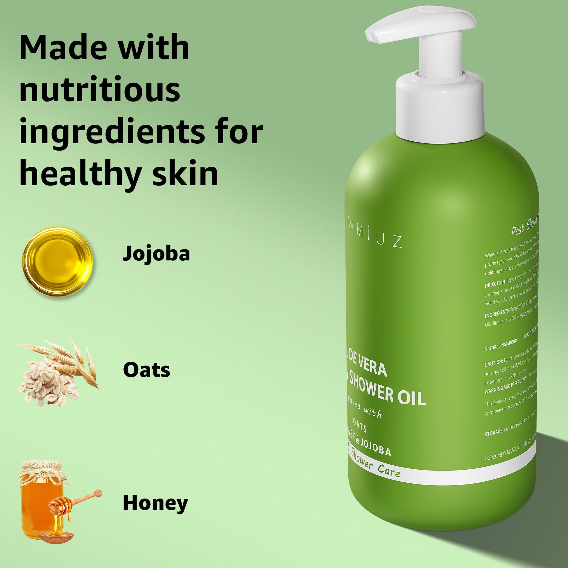 In shower body conditioner showing key ingredients honey oats and jojoba oil
