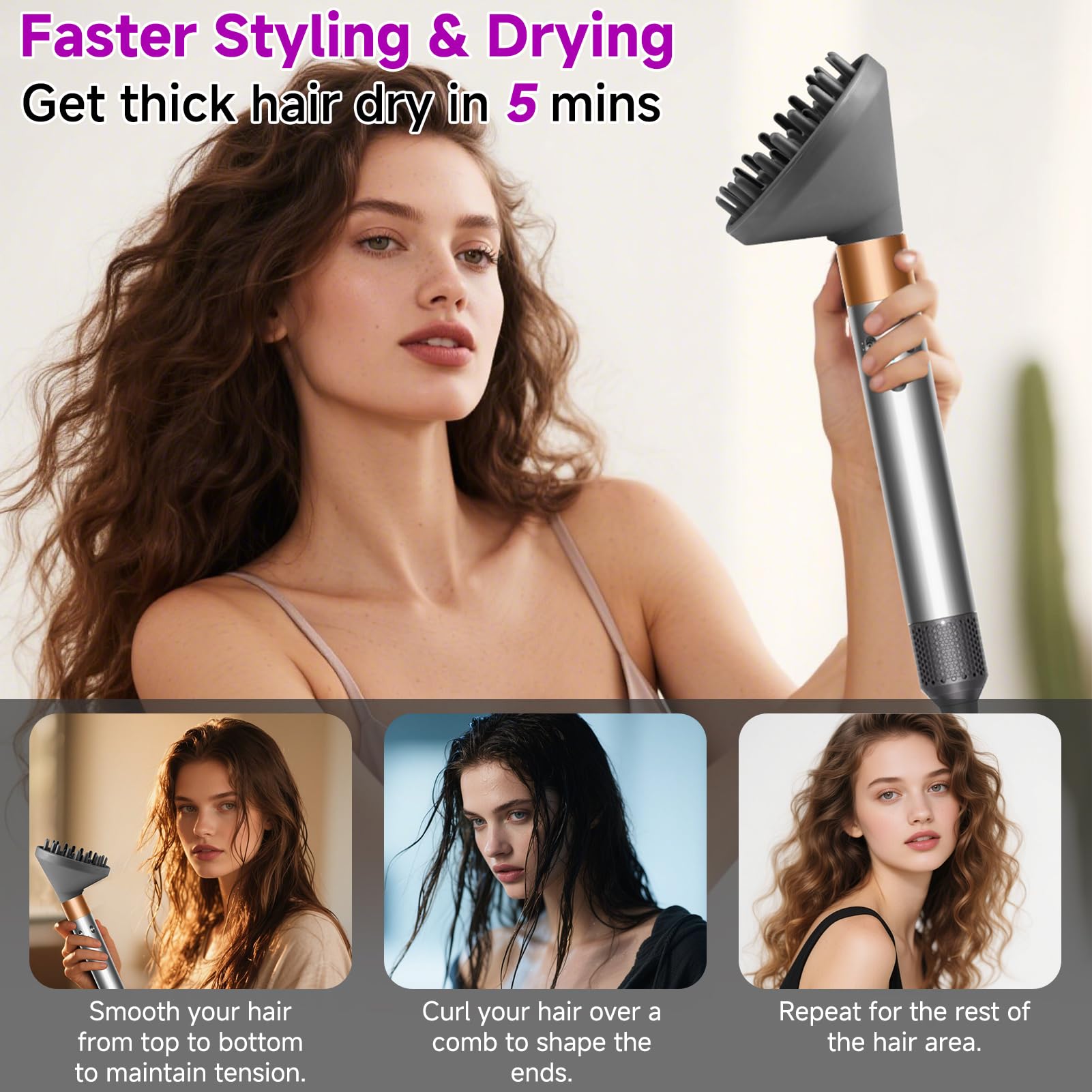 Side profile of durable nylon fiber hair dryer converter nozzle for thick hair types