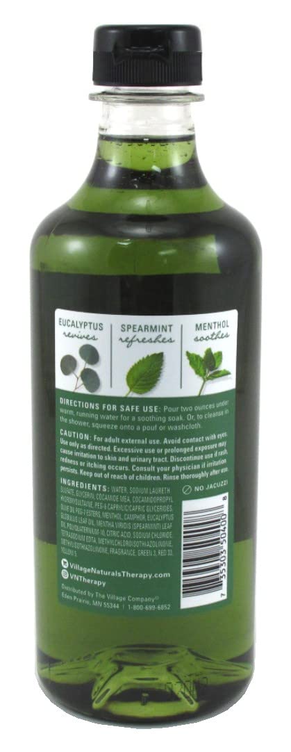 Village Naturals Therapy 2-in-1 muscle relief bath oil and body wash eucalyptus mint scent bottles
