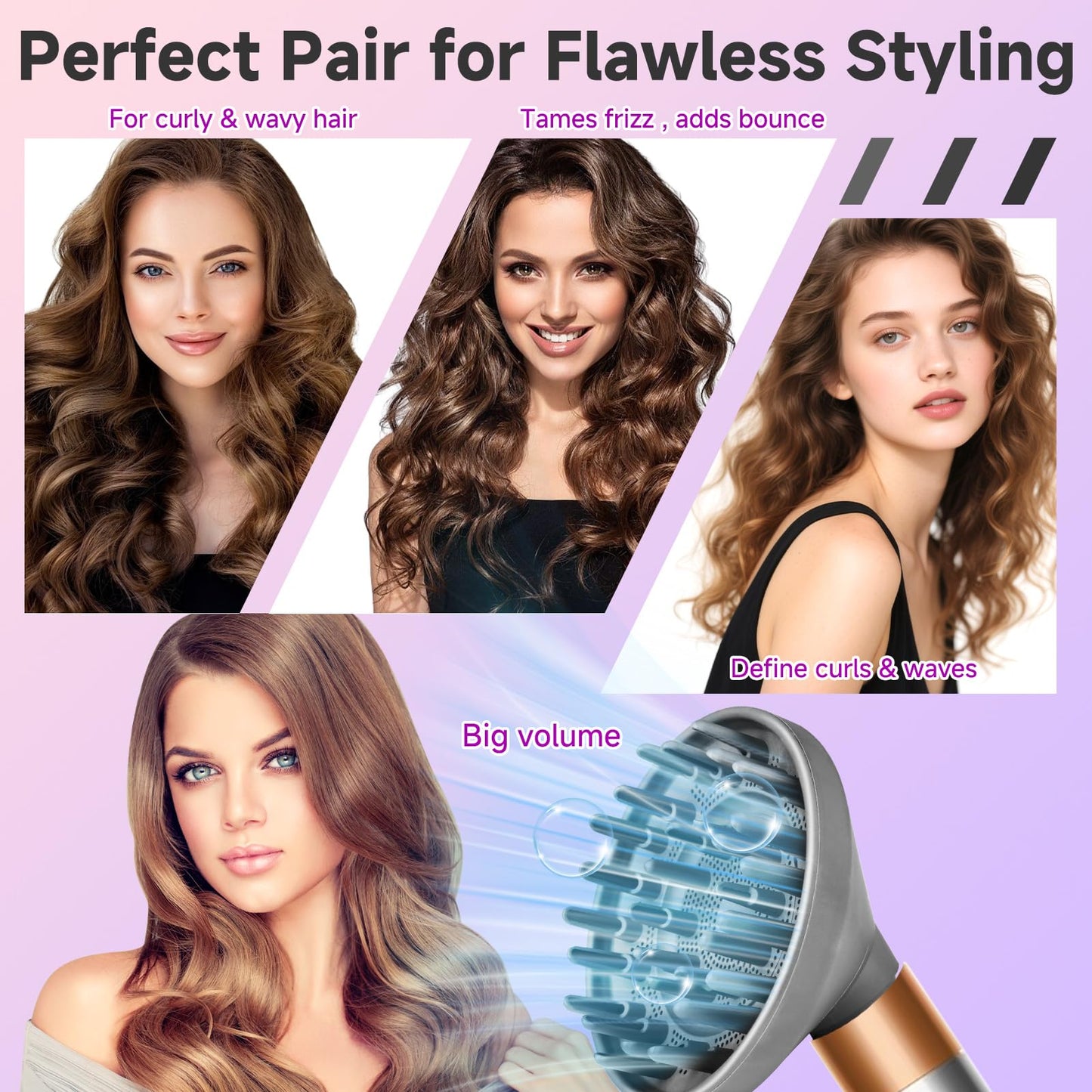Authentic imported hair dryer diffuser attachment displaying the deep prong configuration