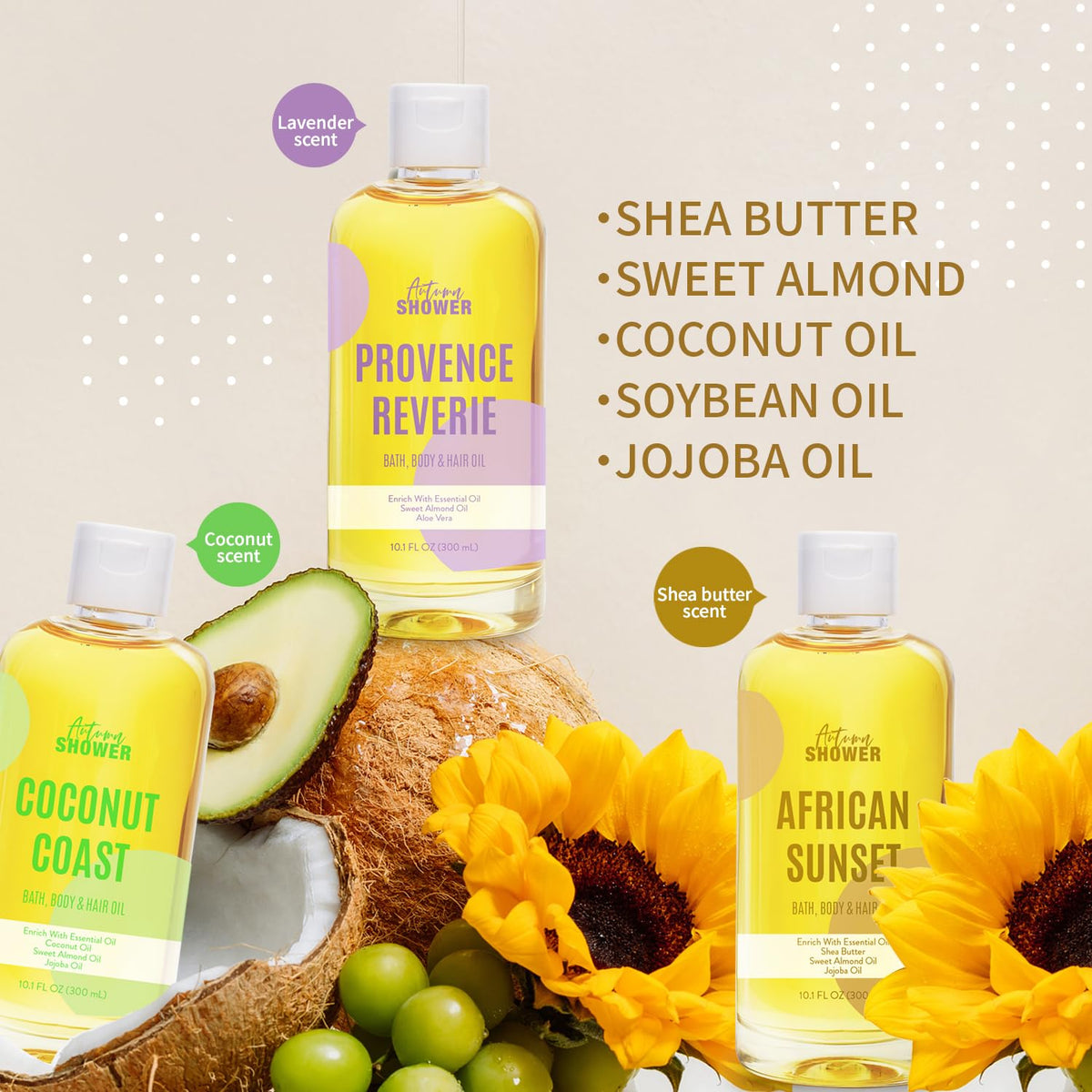 Autumn Shower nourishing body oil trio bottles showcasing golden formula