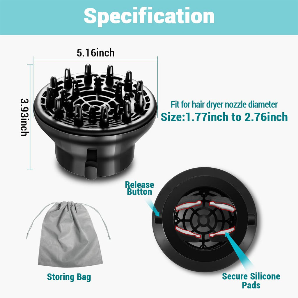 KAHEM black diffuser attachment illustrating the secure locking mechanism that grips onto standard blow dryers.
