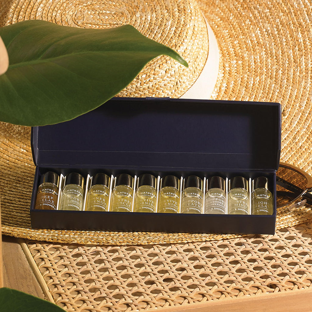 Top angle shot of discovery wellbeing oil set showing all ten variants