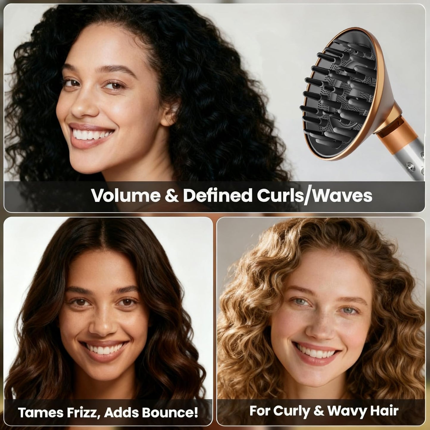 Premium gold curl defining diffuser tool demonstrating compatibility with premium styling devices for faster drying