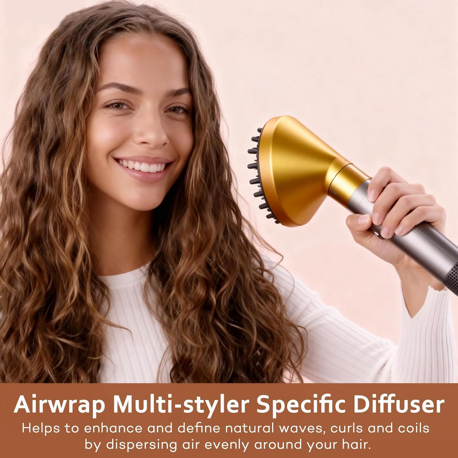 Close up view of durable gold finish styling accessory optimized for frizz reduction and volume enhancement