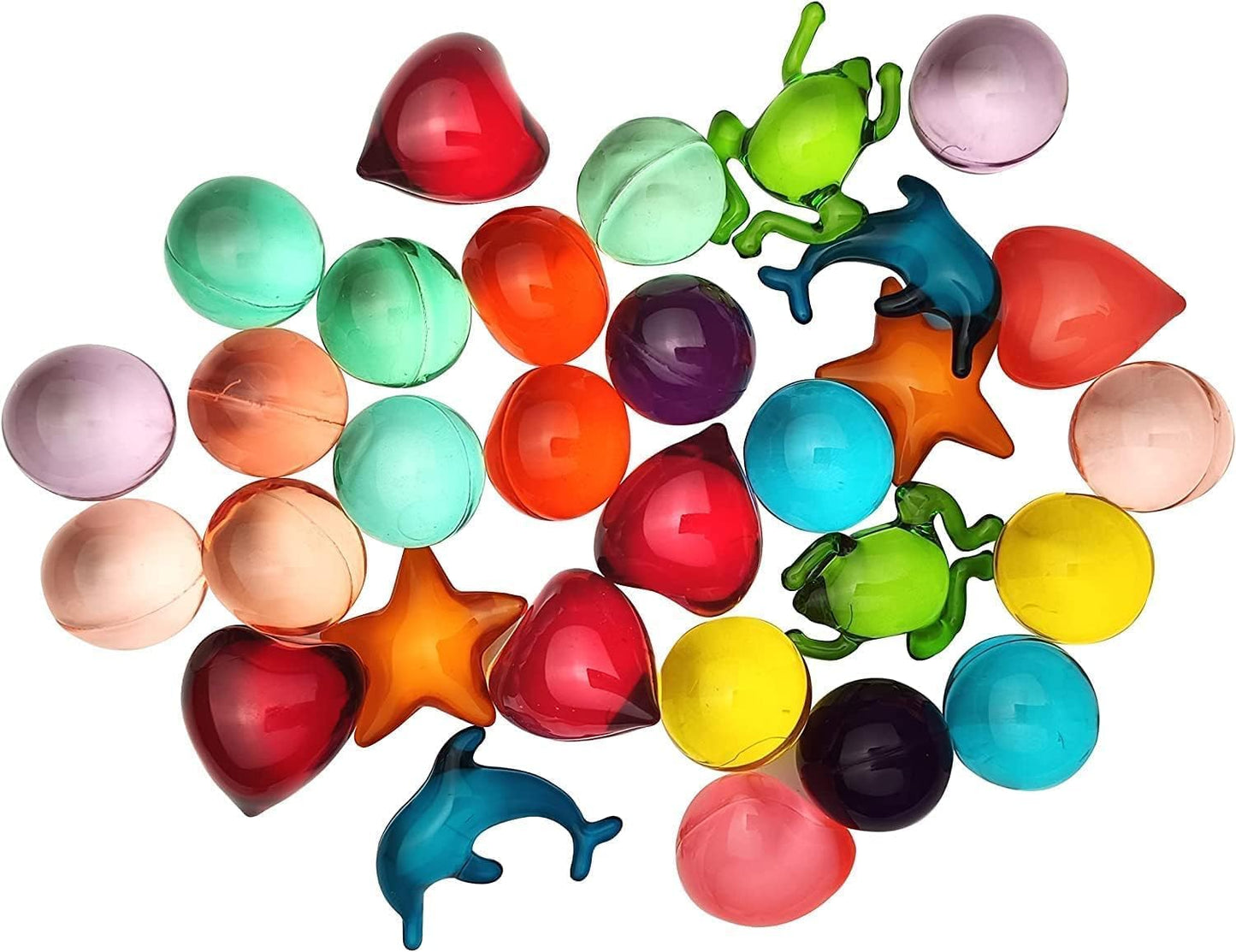 Premium animal and heart shaped moisturizing bath beads spread on a clean surface