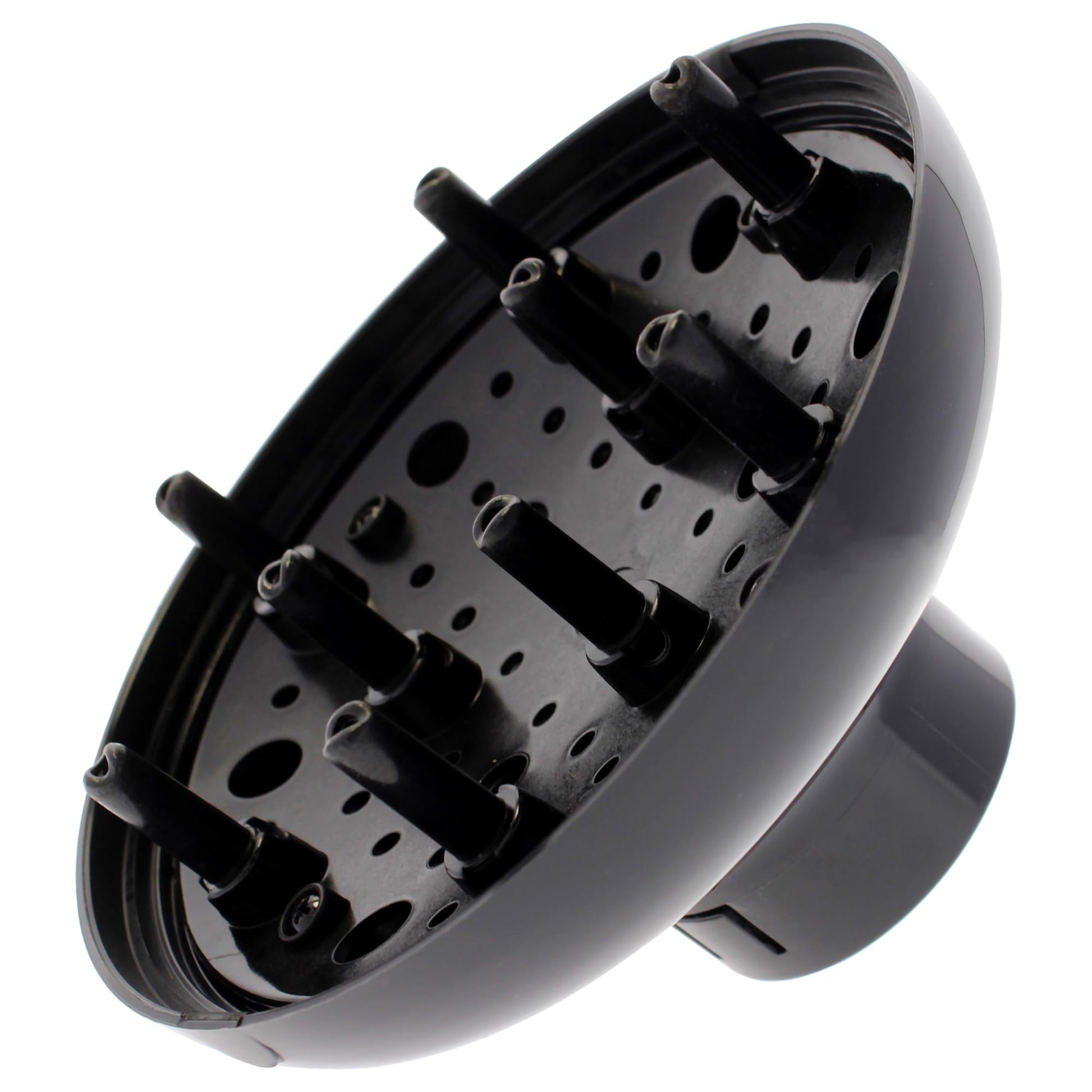 Side angle profile of the professional black hair dryer attachment highlighting its lightweight heat-resistant polymer structure.