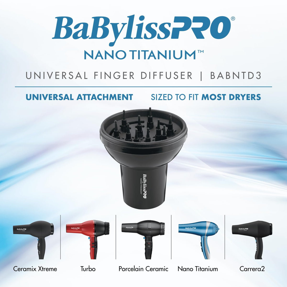 BaBylissPRO BABNTD3 universal hair dryer attachment displaying the internal finger extensions designed for curl separation.