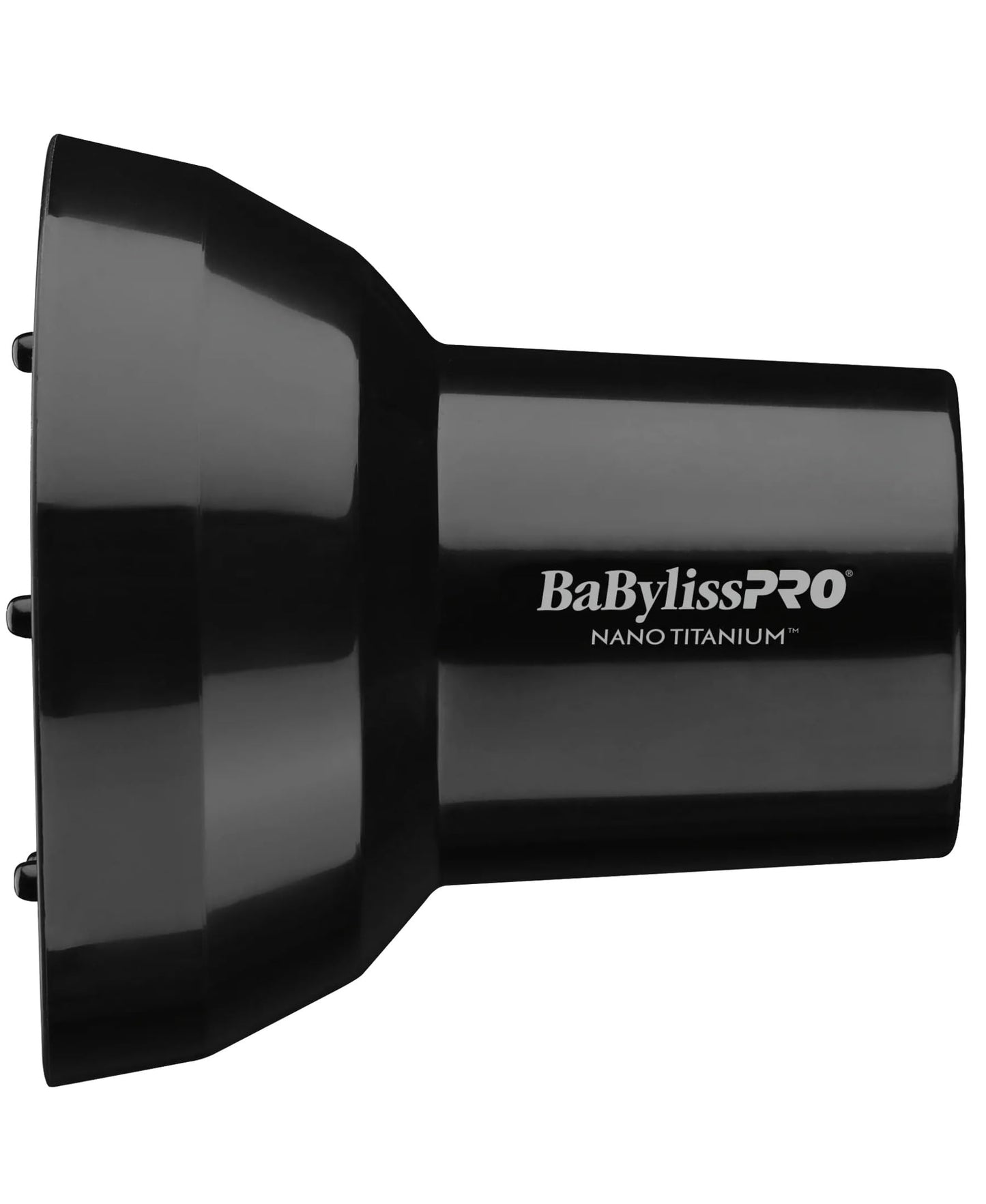 Side profile of the lightweight BaBylissPRO titanium finger diffuser attachment highlighting the universal nozzle adapter.