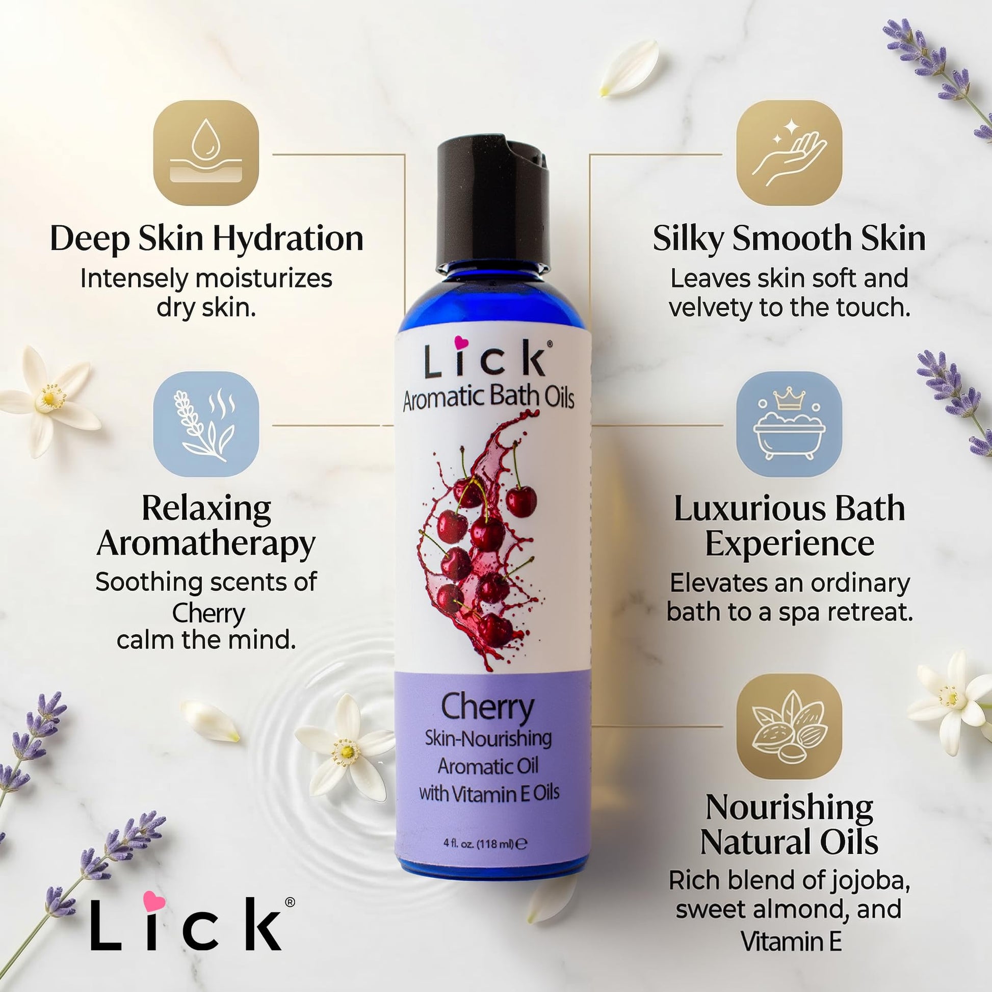 Lick Cherry Aromatic Bath Oil close up label showcasing vitamin E and sweet almond oil benefits