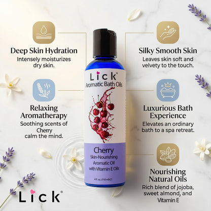 Lick Cherry Aromatic Bath Oil close up label showcasing vitamin E and sweet almond oil benefits