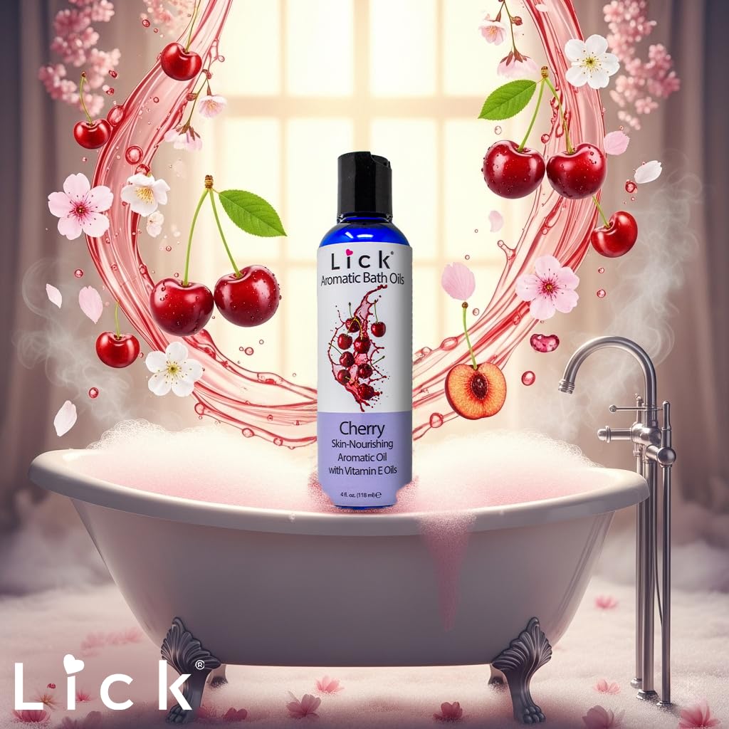 Lick Cherry Aromatic Bath Oil back panel displaying clear directions for daily use