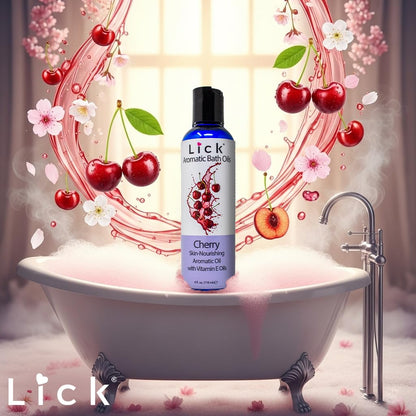 Lick Cherry Aromatic Bath Oil back panel displaying clear directions for daily use