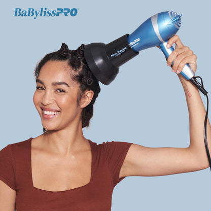 The packaging of the imported BaBylissPRO Nano Titanium Universal Finger Diffuser showing product specifications for curly hair care.