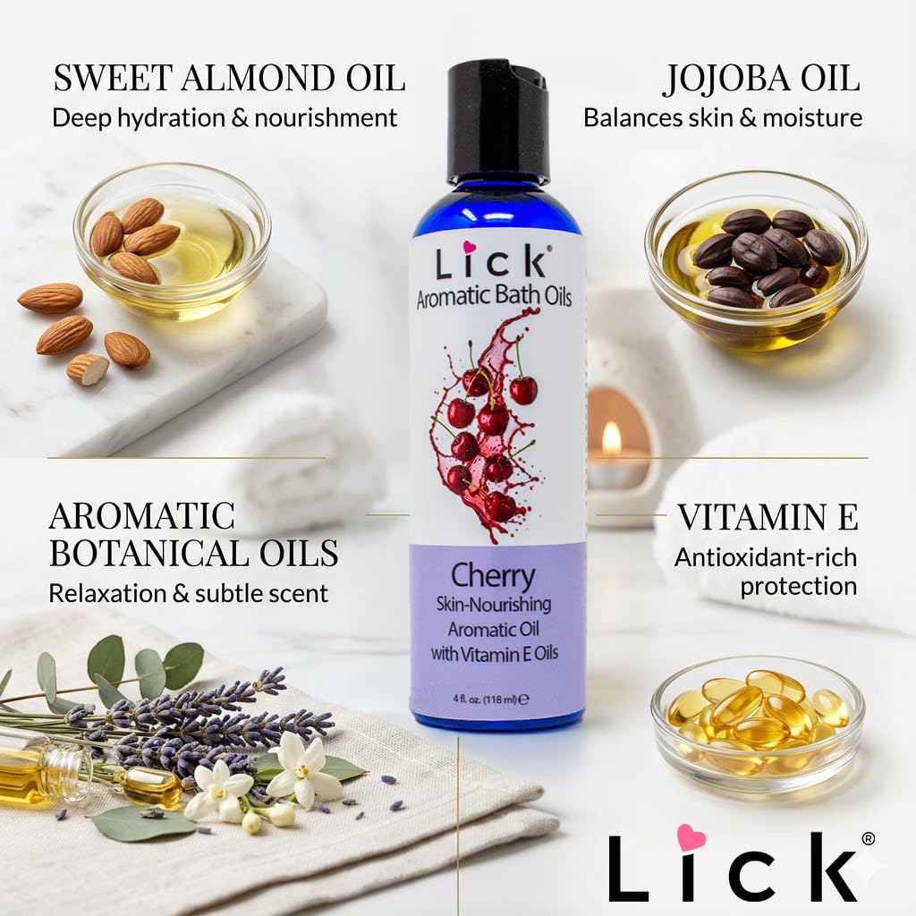 Lick Cherry Aromatic Bath Oil packaged bottle representing authentic imported skincare