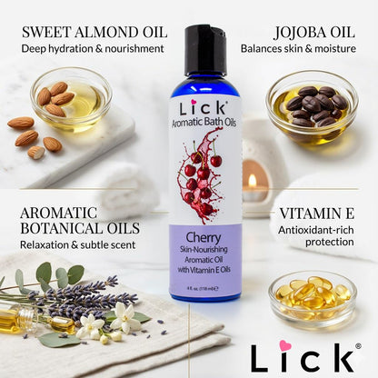 Lick Cherry Aromatic Bath Oil packaged bottle representing authentic imported skincare