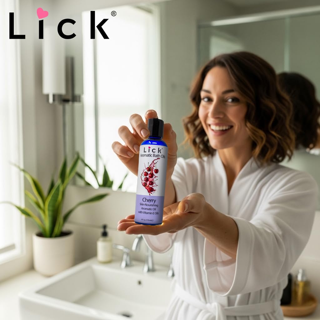 Lick Cherry Aromatic Bath Oil consistency visual showing the lightweight non greasy texture