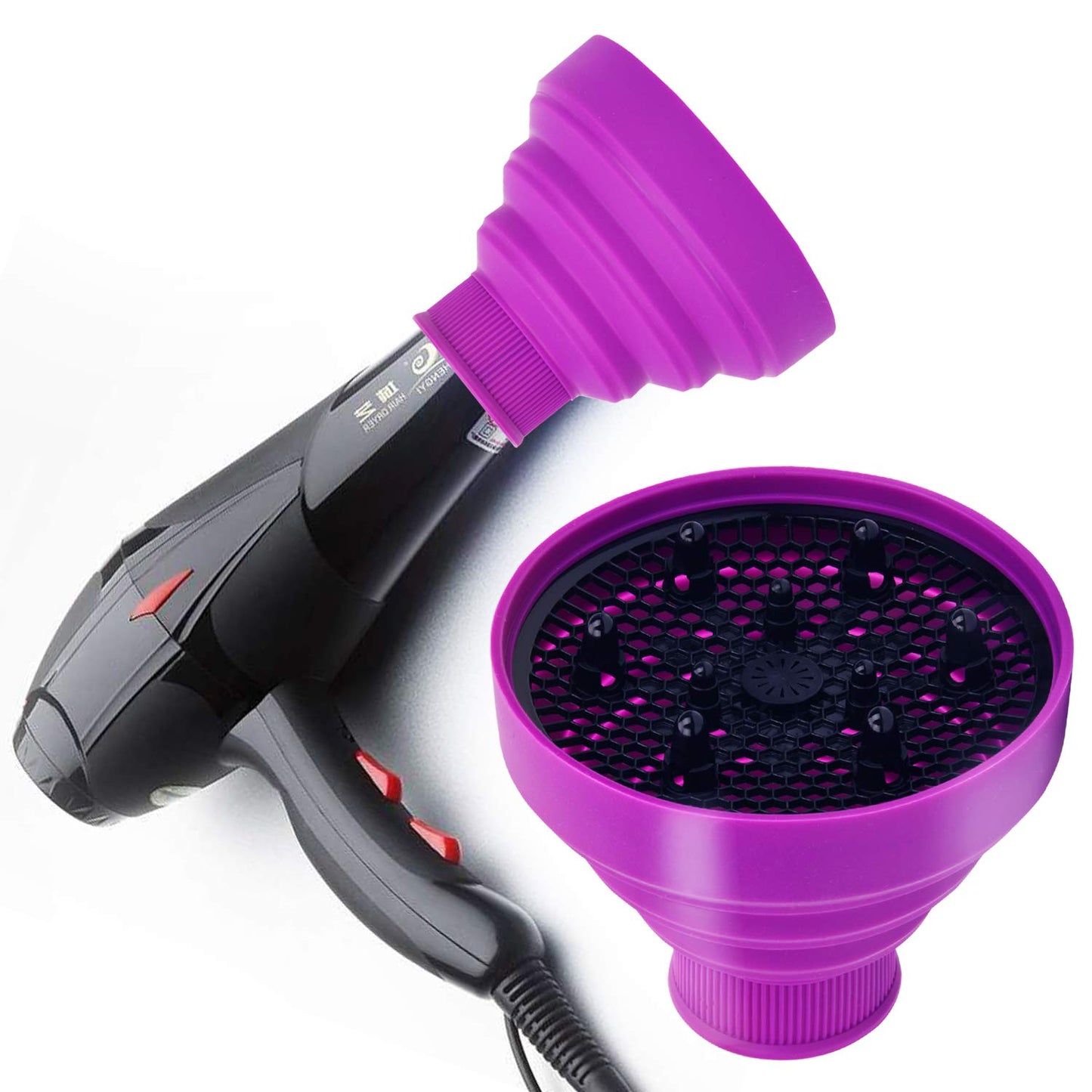 WAJIAYON lightweight hair dryer diffuser highlighting the flexible silicone grip that stretches over blow dryers.