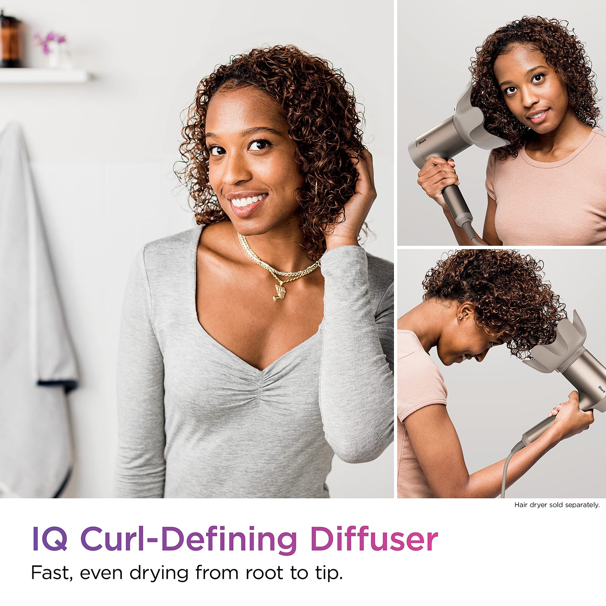 Shark styling tool attachment with extended prongs highlighted for lifting long curly hair roots