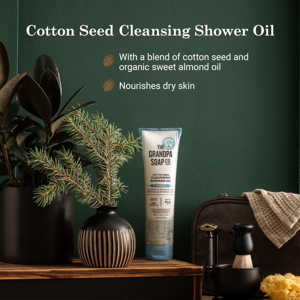 The Grandpa Soap Company Cottonseed Shower Oil texture and lather display