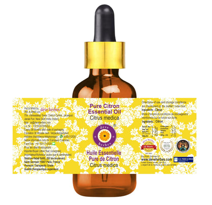 Natural lightweight non greasy citron essential oil bottle showing product label details.