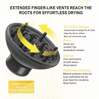 SKERTS curly hair diffuser showing the side profile view highlighting the 1.8 to 2.0 inch connection nozzle.