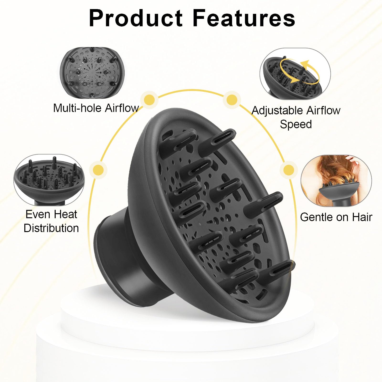 SKERTS diffuser nozzle attachment for blow dryers demonstrating compatibility with texturized hair.