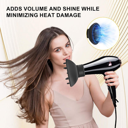 Black universal hair diffuser attachment for wavy and coily hair styling routines.