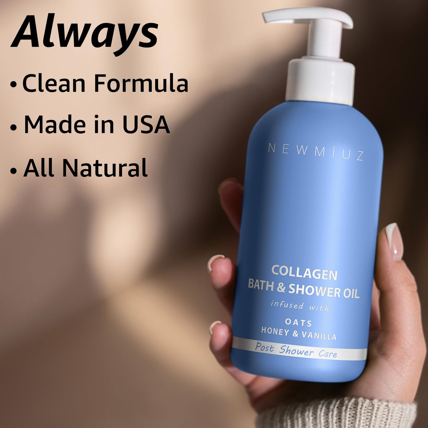 Vegan and cruelty free New Miuz collagen shower oil bottle close up