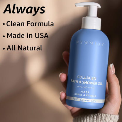 Vegan and cruelty free New Miuz collagen shower oil bottle close up