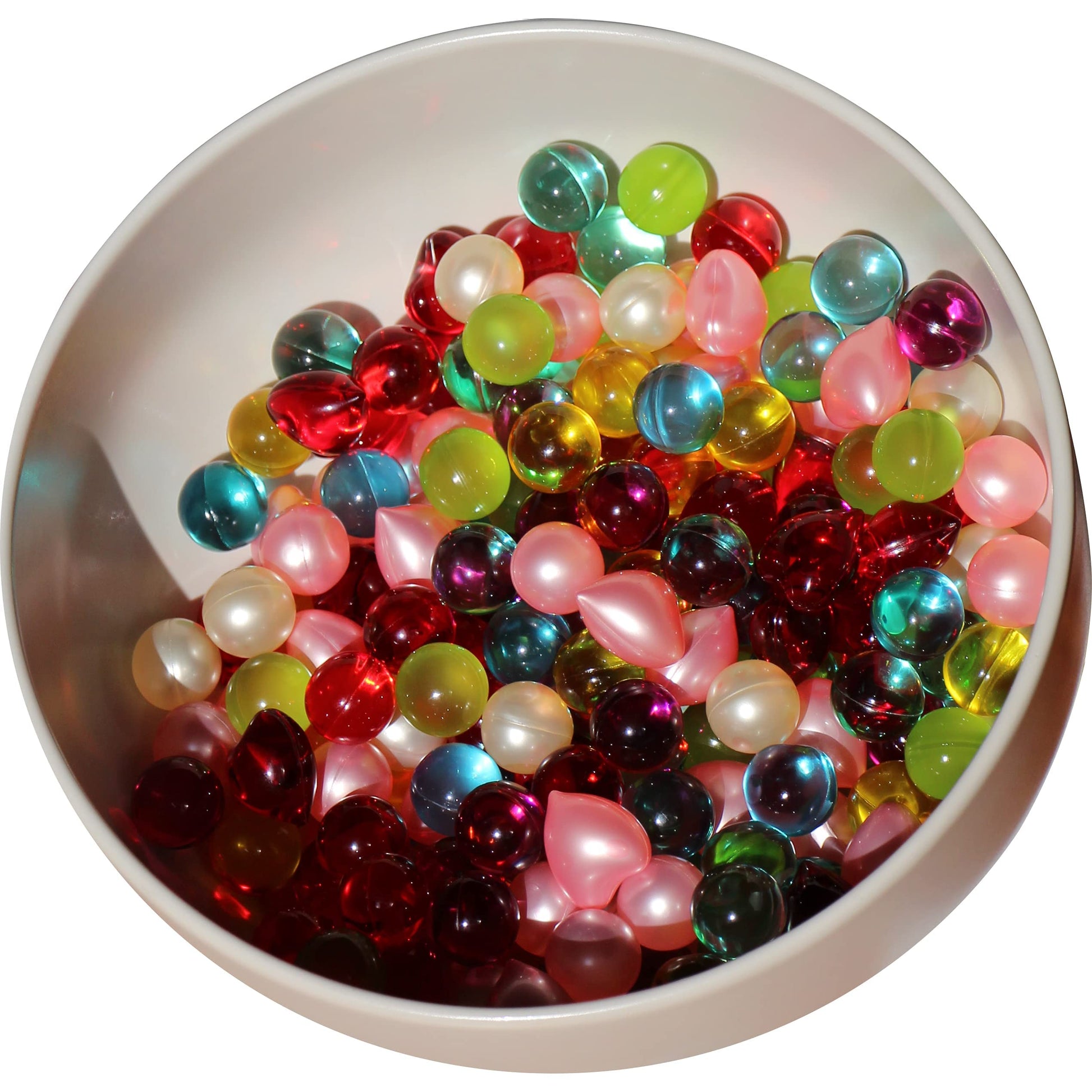 Multi colored gel bath beads for dry skin hydration
