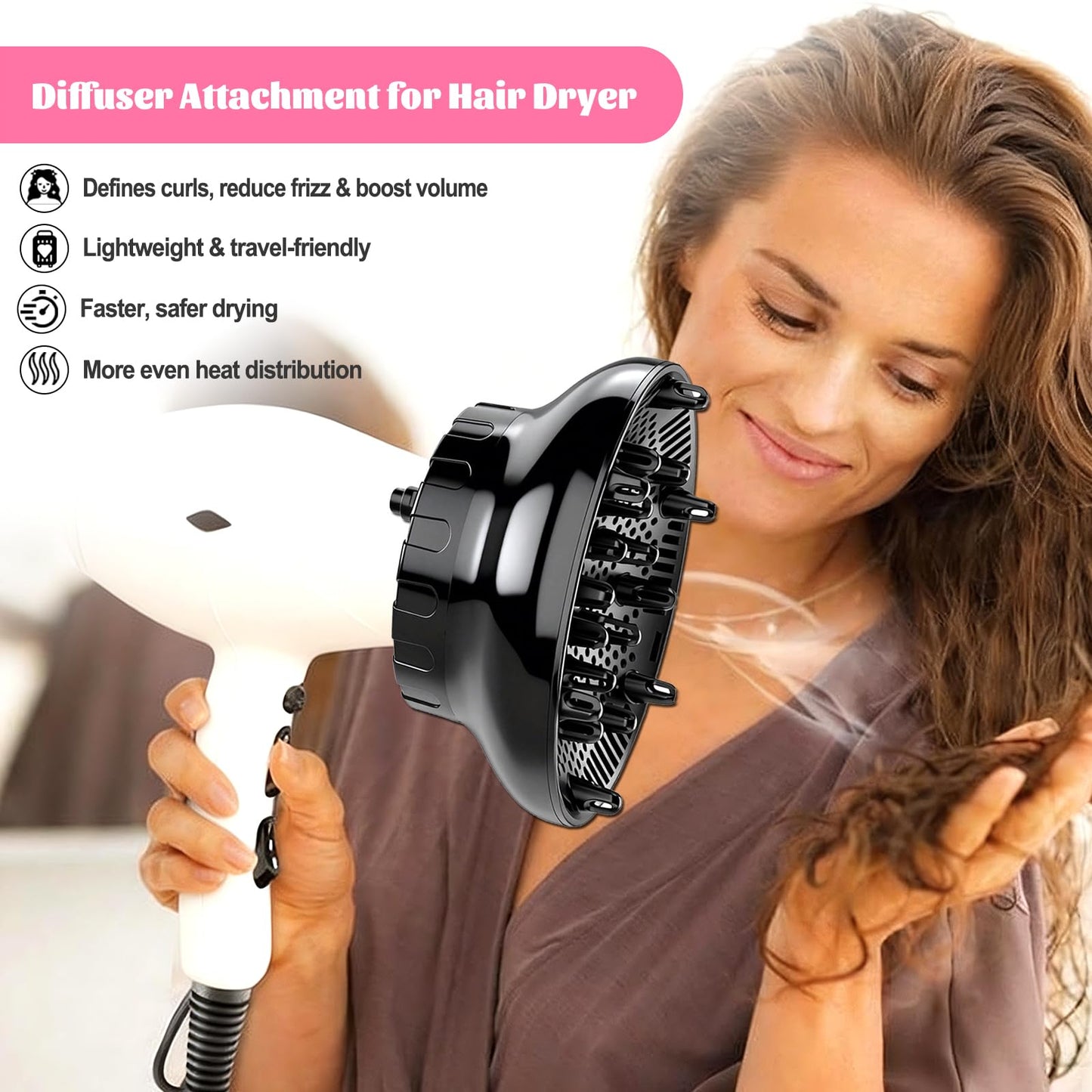 Orista Finds blow dryer diffuser attachment fitted securely on a travel sized hair dryer