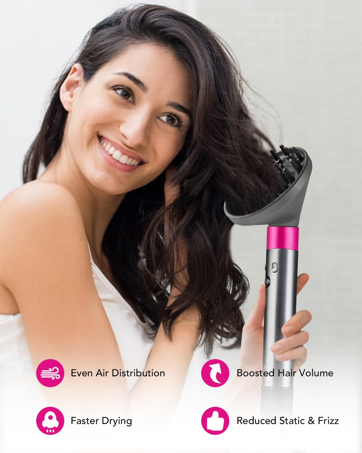 Close up view of the heat resistant extended prongs designed for deep hair root penetration and fast drying.