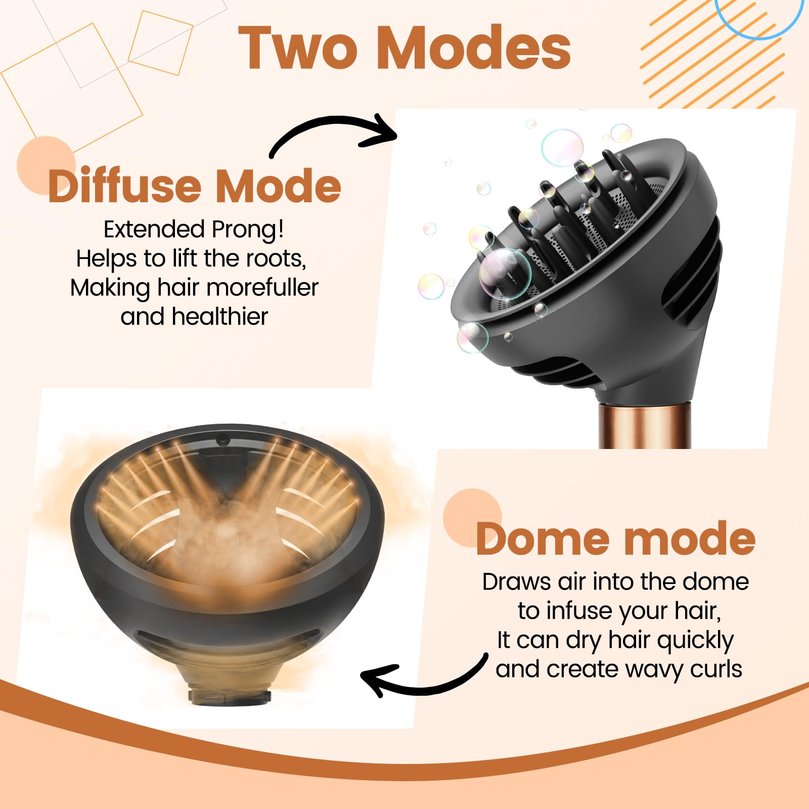 Close up view of long prongs in diffuse mode for coily hair definition.