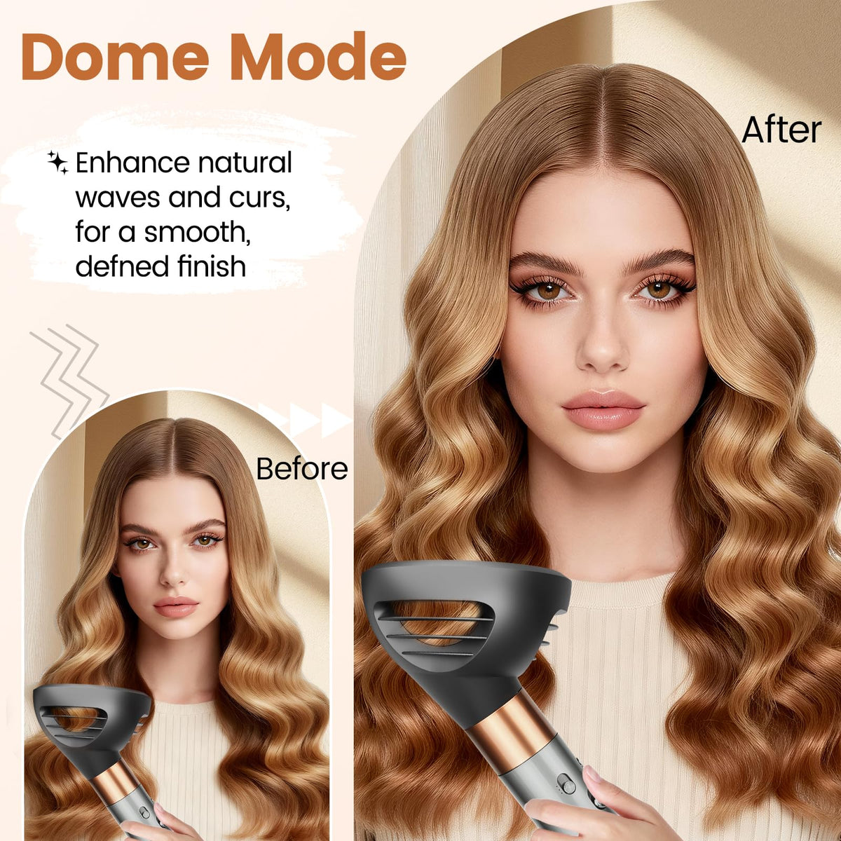Dome mode setting visualization for creating soft natural waves and minimizing frizz.