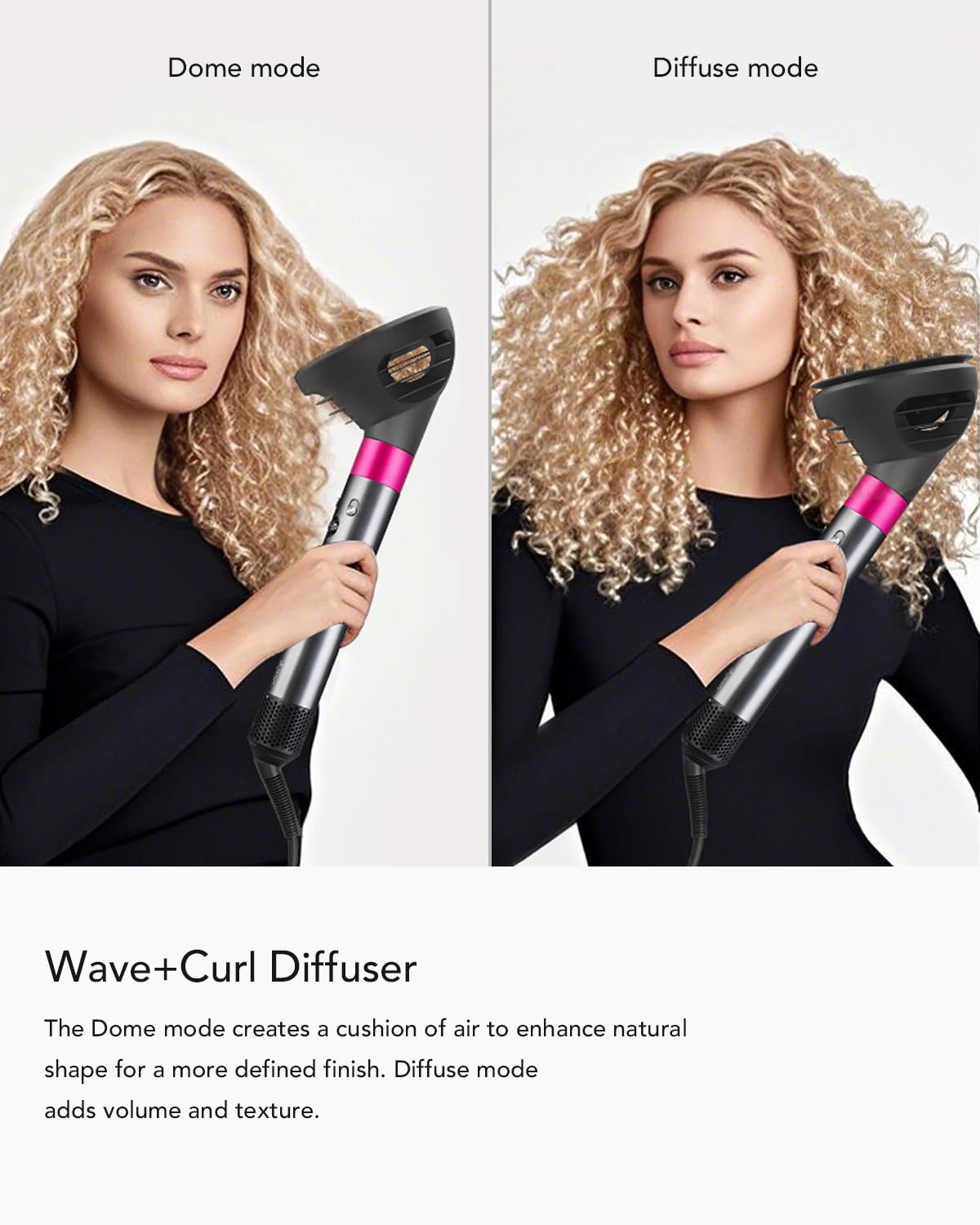 Upgraded diffuser nozzle for hair styler detailing the internal dome mode airflow design.