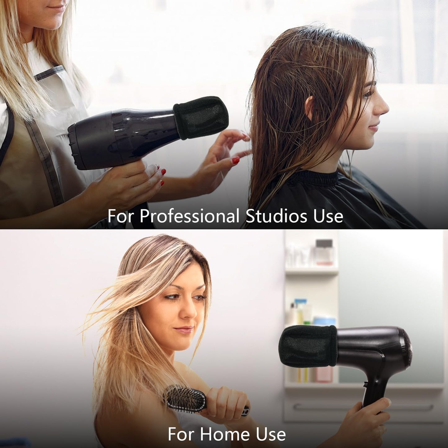 Tearom foam diffuser attached to a blow dryer nozzle explaining uniform airflow dispersion.