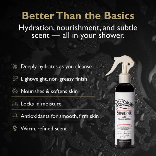 DandyMen hydrating shower oil bottle showcasing the sunflower and avocado oil ingredients
