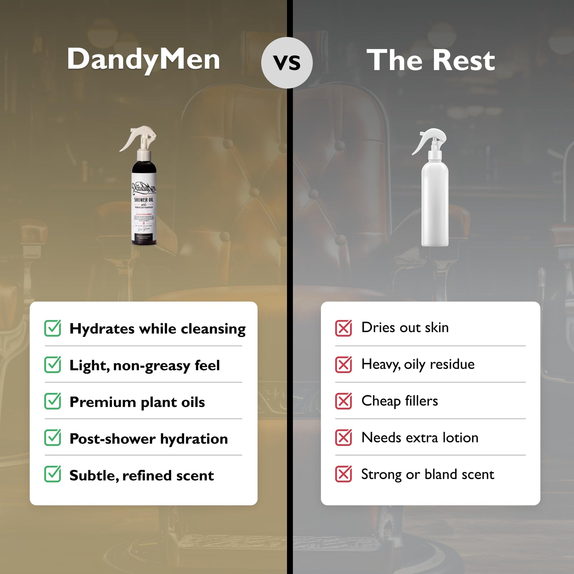 In shower application of DandyMen lightweight body oil for men's deep skin hydration