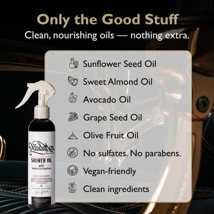 DandyMen shower oil bottle demonstrating the fast absorbing and non greasy formula texture