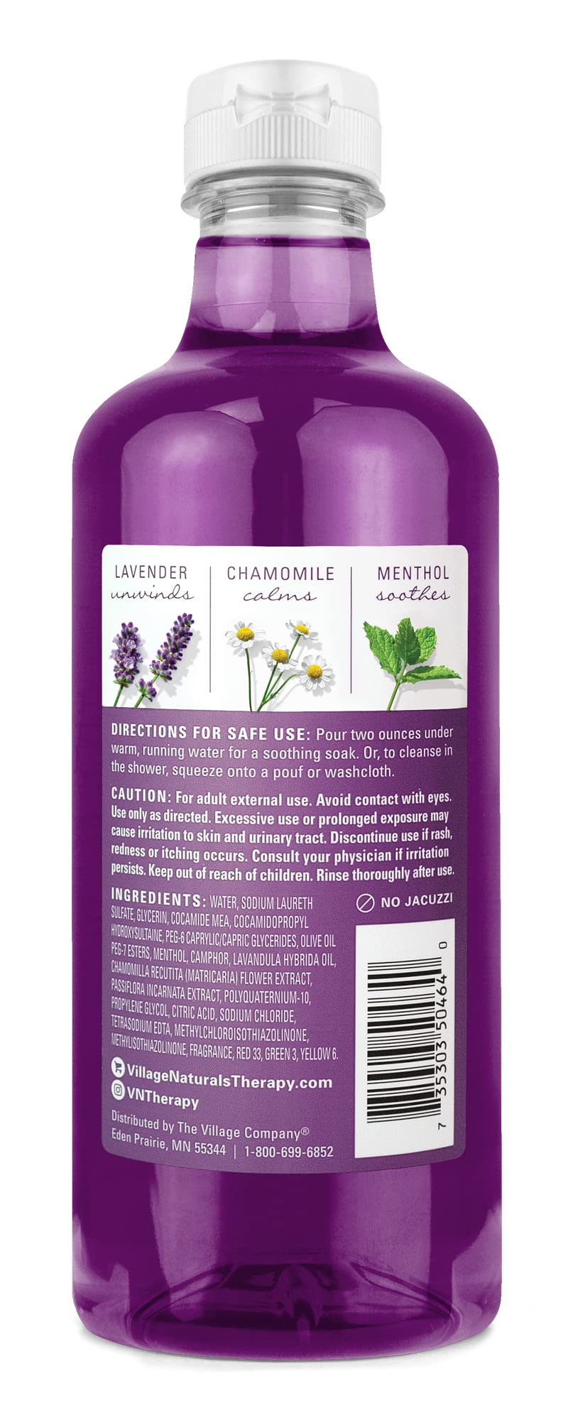 Village Naturals Therapy lavender and chamomile nighttime body wash bottles for muscle relaxation