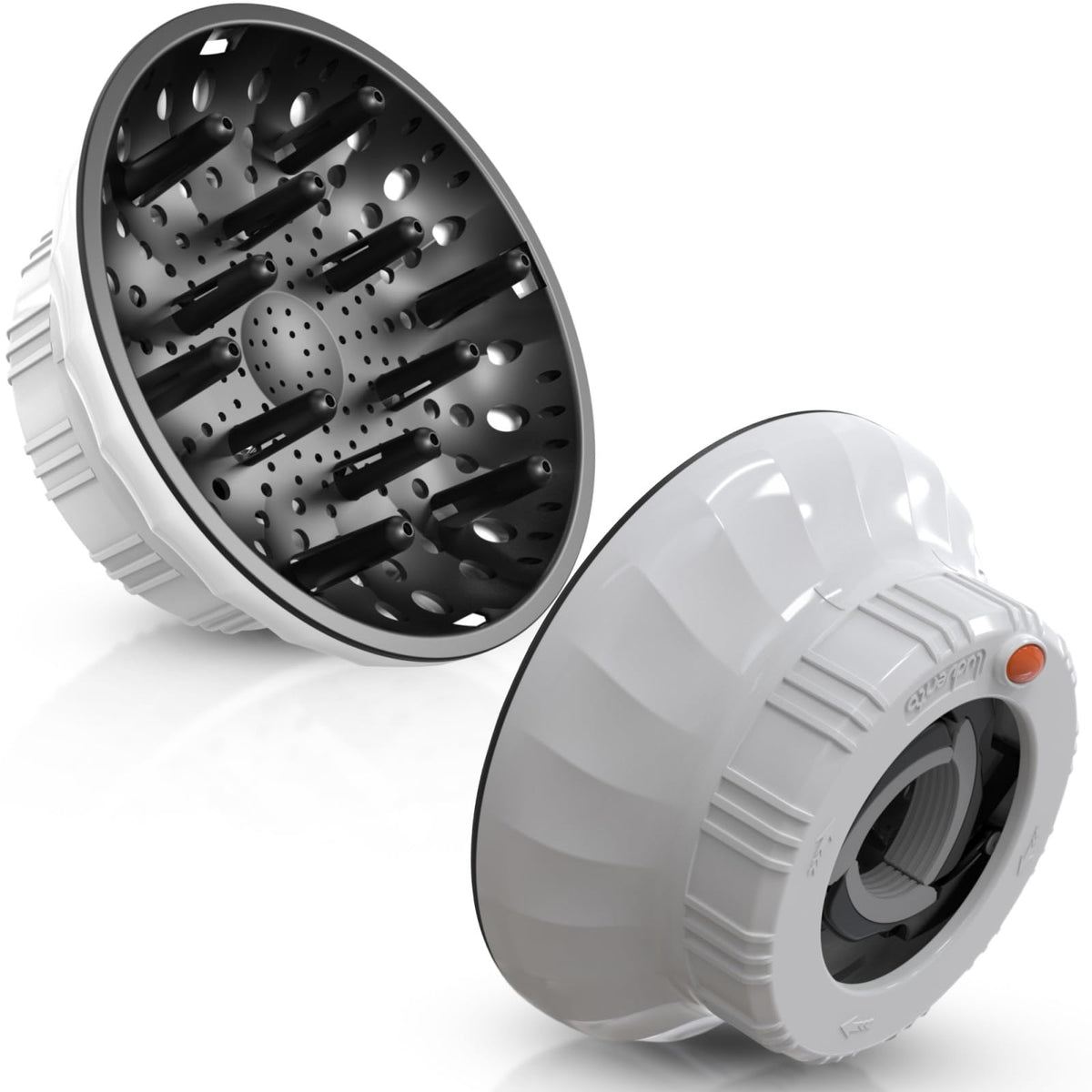 Side view of white hair dryer diffuser attachment showcasing the adjustable silicone interface