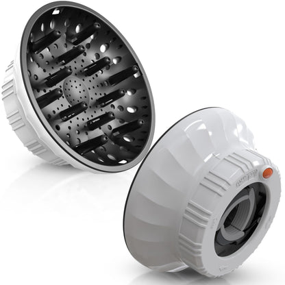 Side view of white hair dryer diffuser attachment showcasing the adjustable silicone interface