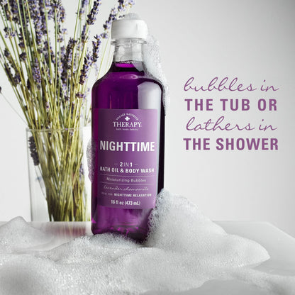 Two pack of Village Naturals Therapy aches and pains bath oil showing product label details